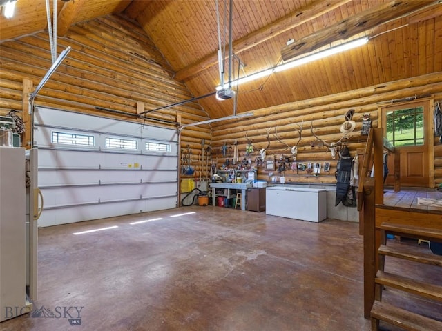 garage with wood ceiling, a workshop area, a garage door opener, and white refrigerator