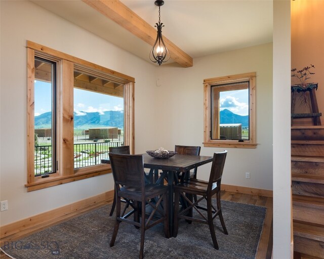 dining room featuring dark hardwood / wood-style flooring and a mountain view