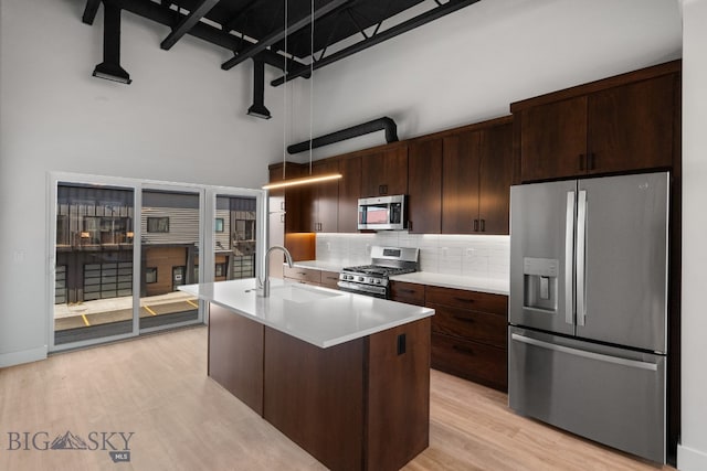 kitchen featuring decorative backsplash, hanging light fixtures, appliances with stainless steel finishes, light hardwood / wood-style flooring, and sink