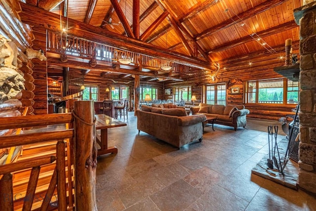 living room with beamed ceiling, log walls, high vaulted ceiling, and wooden ceiling