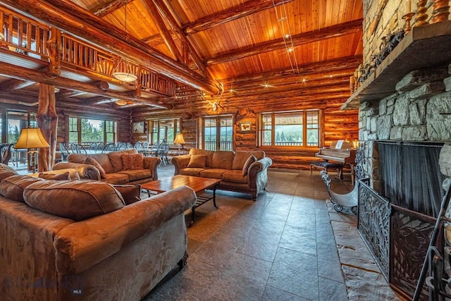 living room with high vaulted ceiling, a stone fireplace, beam ceiling, wood ceiling, and log walls