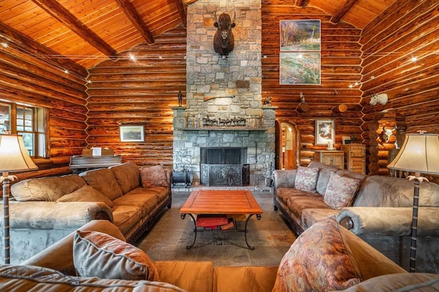 living room featuring wooden ceiling, high vaulted ceiling, and rustic walls