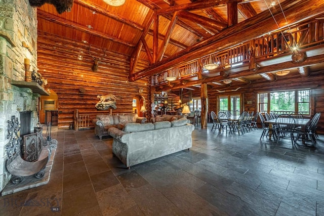 living room featuring wood ceiling, rustic walls, beam ceiling, and high vaulted ceiling