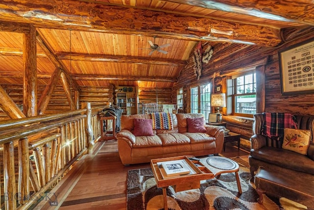 living room with wooden ceiling, hardwood / wood-style floors, vaulted ceiling with beams, log walls, and ceiling fan