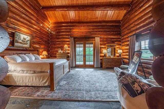 bedroom featuring vaulted ceiling with beams, wooden ceiling, tile floors, and rustic walls