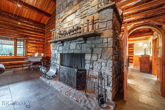 unfurnished living room with wooden ceiling, beam ceiling, log walls, and tile flooring