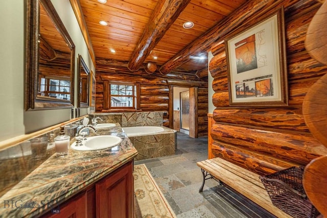 bathroom with a bath to relax in, vanity, log walls, beam ceiling, and wood ceiling