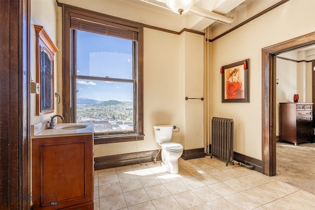 bathroom with tile floors, radiator heating unit, toilet, and vanity