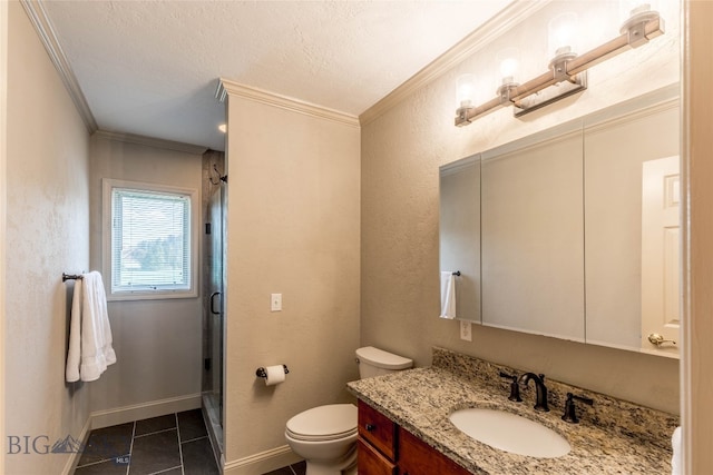 bathroom featuring crown molding, toilet, tile floors, and vanity