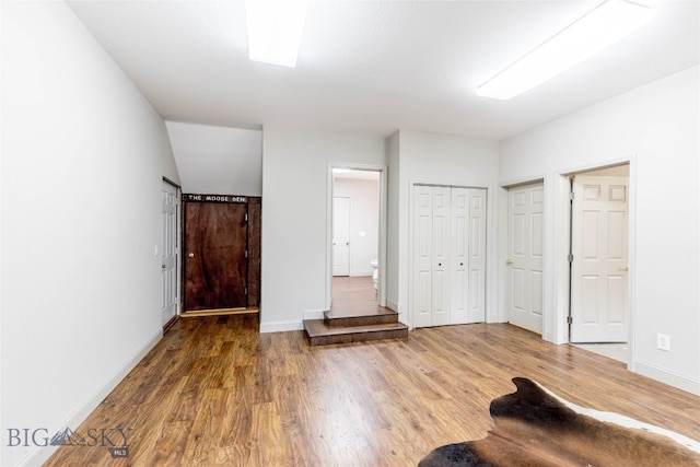 unfurnished bedroom featuring wood-type flooring and two closets