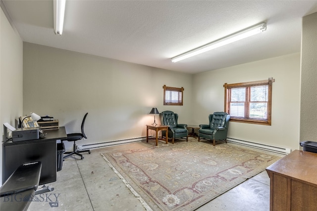 office with a baseboard heating unit and a textured ceiling