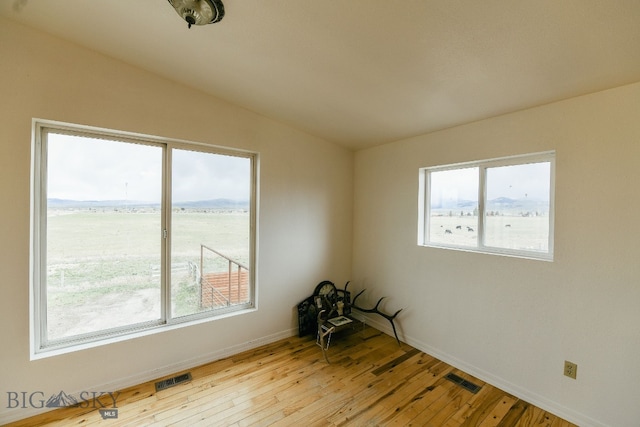 unfurnished room with lofted ceiling and light wood-type flooring