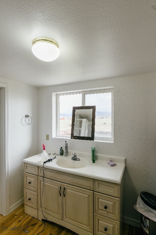 bathroom featuring vanity with extensive cabinet space, wood-type flooring, and a textured ceiling