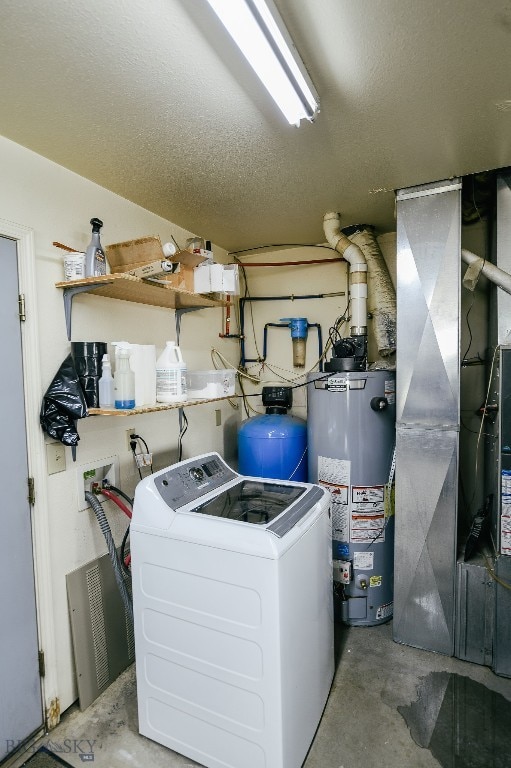 laundry area featuring a textured ceiling, water heater, heating utilities, and washer / clothes dryer