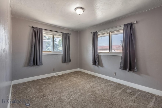 spare room with a textured ceiling and carpet flooring