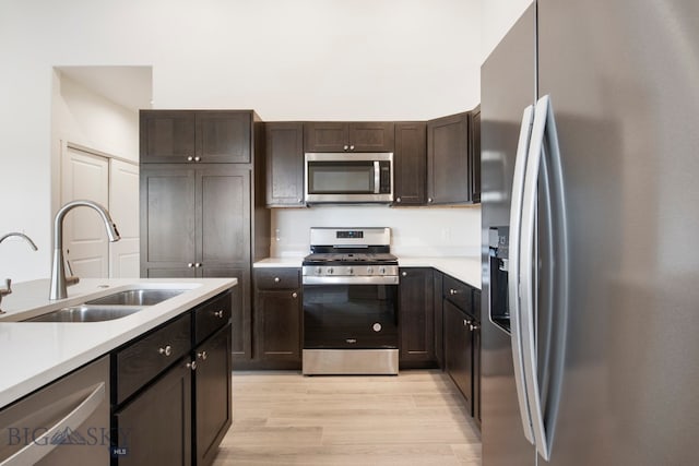 kitchen with light wood-type flooring, dark brown cabinets, stainless steel appliances, and sink