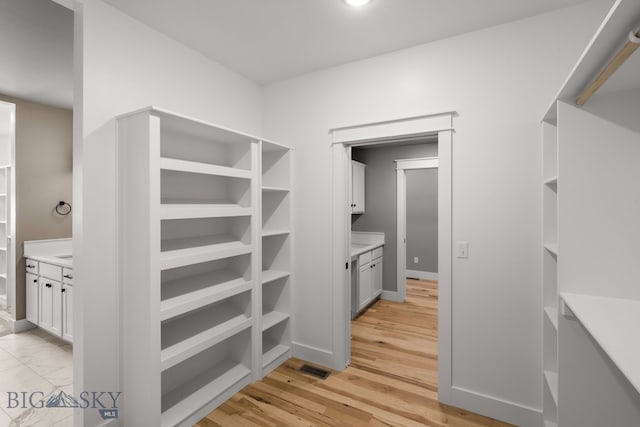 spacious closet featuring light wood-type flooring and visible vents