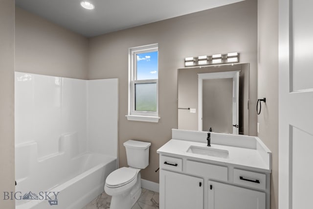 full bathroom with shower / bath combination, vanity, and toilet