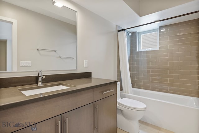 full bathroom with tile floors, vanity, shower / bathtub combination with curtain, and toilet