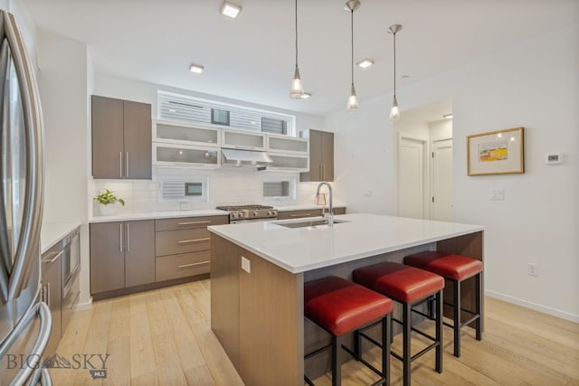 kitchen featuring backsplash, appliances with stainless steel finishes, a kitchen island with sink, sink, and light wood-type flooring