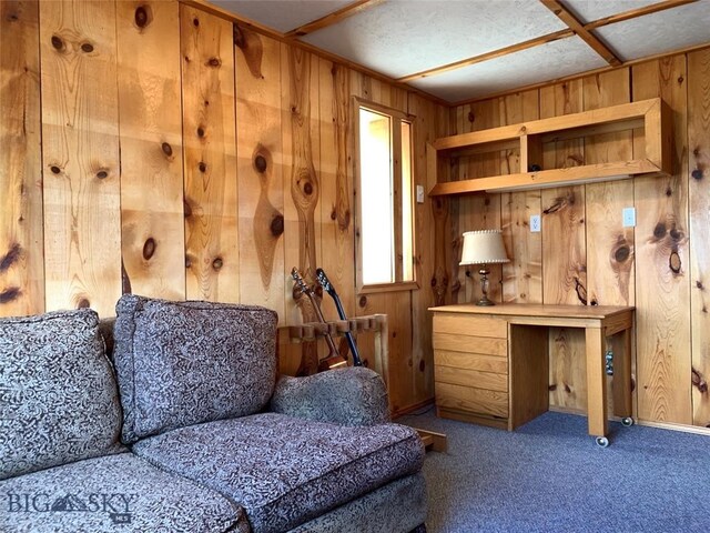 living area featuring wooden walls and carpet floors