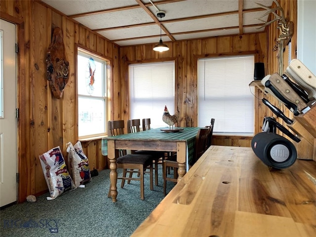 dining space with wooden walls and carpet floors