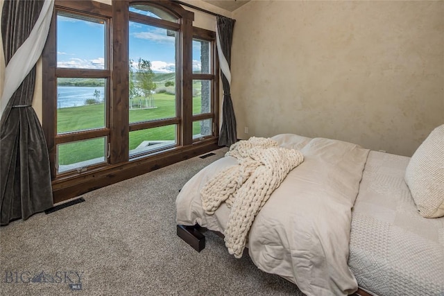 carpeted bedroom featuring multiple windows and a water view