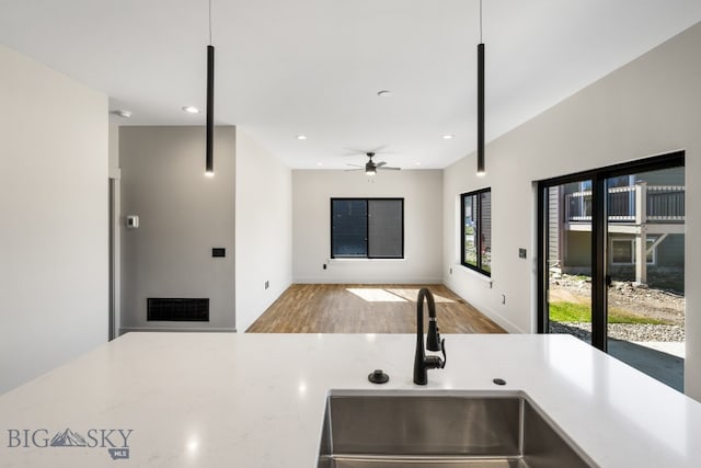 kitchen with hardwood / wood-style floors, sink, and ceiling fan