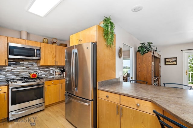 kitchen featuring backsplash, light hardwood / wood-style flooring, and appliances with stainless steel finishes