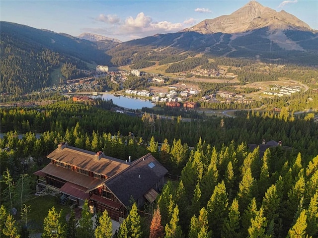 aerial view with a wooded view and a water and mountain view