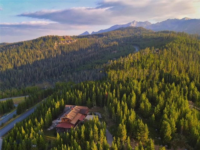 bird's eye view featuring a mountain view and a forest view