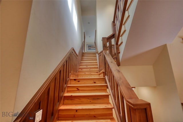 stairway with a towering ceiling