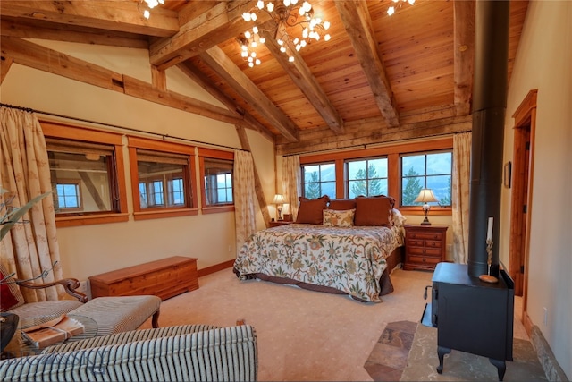 carpeted bedroom with an inviting chandelier, vaulted ceiling with beams, a wood stove, and wooden ceiling