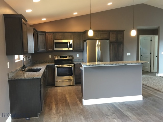 kitchen with hanging light fixtures, wood-type flooring, appliances with stainless steel finishes, and sink