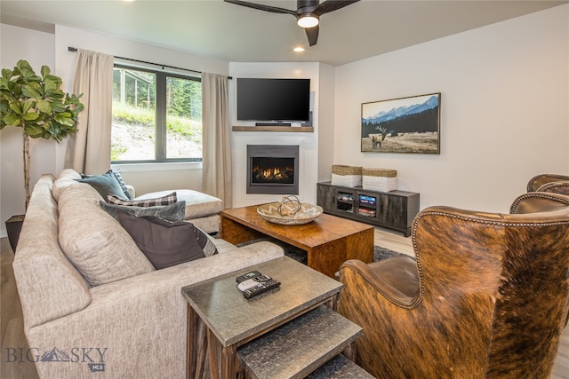 living room with hardwood / wood-style flooring and ceiling fan