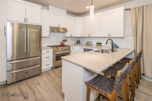 kitchen with decorative light fixtures, premium appliances, light wood-type flooring, and a breakfast bar