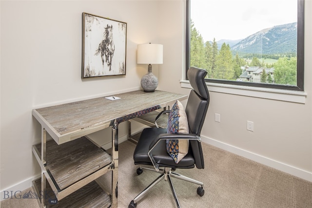 office space with a mountain view and carpet floors