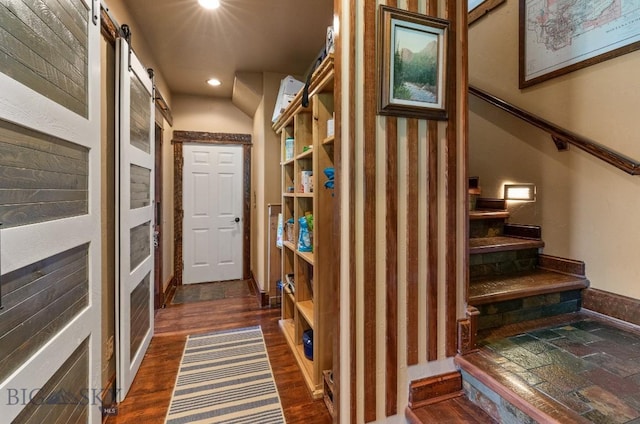 201 Silver Run Rd, Gallatin Gateway, MT 59730 - foyer featuring recessed lighting, a barn door, stairs, dark wood-type flooring, and baseboards