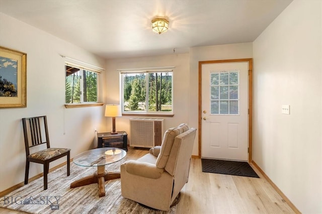 living area with light hardwood / wood-style flooring and radiator