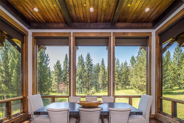 sunroom featuring wooden ceiling and beam ceiling