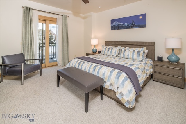 bedroom featuring ceiling fan, carpet flooring, and access to outside