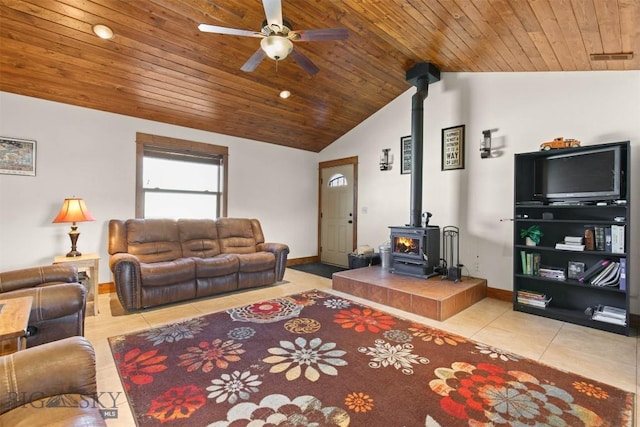 820 Miller Canyon Rd, Three Forks, MT 59752 - living room with a wood stove, light tile patterned floors, a ceiling fan, wooden ceiling, and lofted ceiling