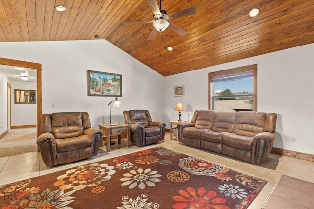 820 Miller Canyon Rd, Three Forks, MT 59752 - living area featuring tile patterned floors, baseboards, wood ceiling, vaulted ceiling, and a ceiling fan