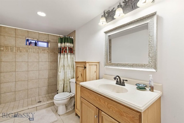 820 Miller Canyon Rd, Three Forks, MT 59752 - full bath with toilet, a tile shower, vanity, tile patterned flooring, and recessed lighting