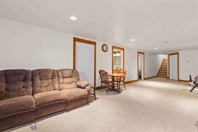820 Miller Canyon Rd, Three Forks, MT 59752 - living room with light carpet, stairs, baseboards, and recessed lighting