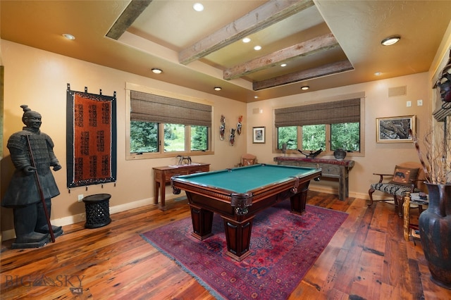 recreation room featuring beam ceiling, dark wood-type flooring, a healthy amount of sunlight, and pool table