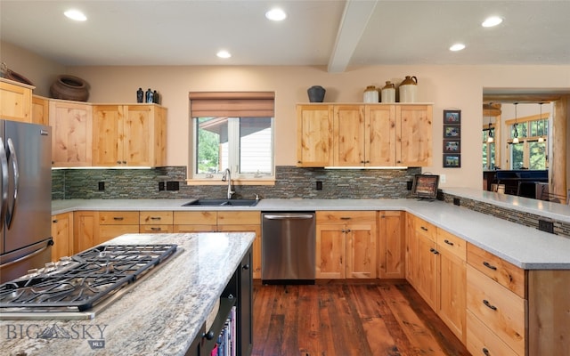 kitchen with beam ceiling, backsplash, dark hardwood / wood-style flooring, appliances with stainless steel finishes, and sink