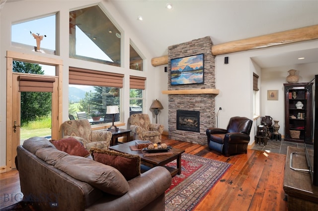 living room with a stone fireplace, wood-type flooring, and high vaulted ceiling