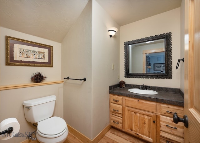 bathroom with vanity, toilet, and hardwood / wood-style floors