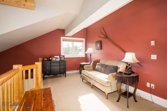 living area with carpet flooring, vaulted ceiling, and a baseboard heating unit